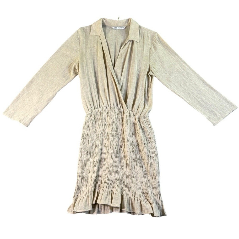 ZARA Valery Linen Mini Length Beige Tan Dress Size S